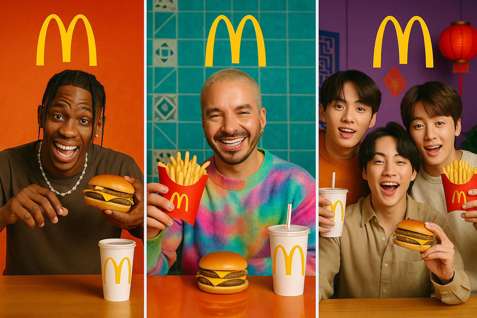 McDonald's famous orders campaign featuring celebrities like Travis Scott, J Balvin, and BTS, showcasing them with their favorite menu items in a vibrant, cultural setting.