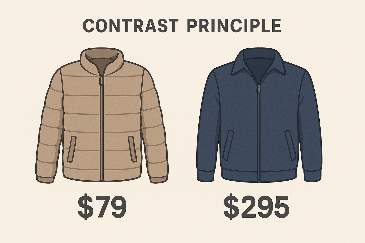 Illustration of the Contrast Principle concept showing two jackets of different prices side-by-side to demonstrate perceived value difference