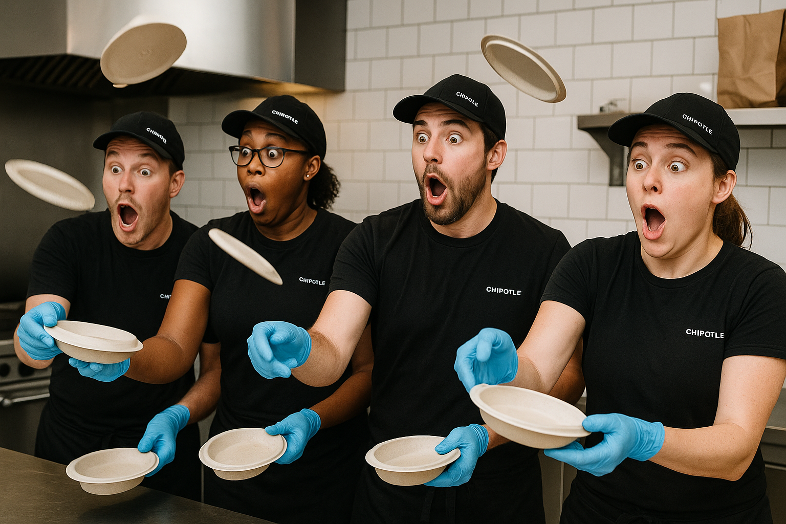 Employees performing the Lid Flip challenge with Chipotle bowls to showcase the viral stunt's origin and excitement