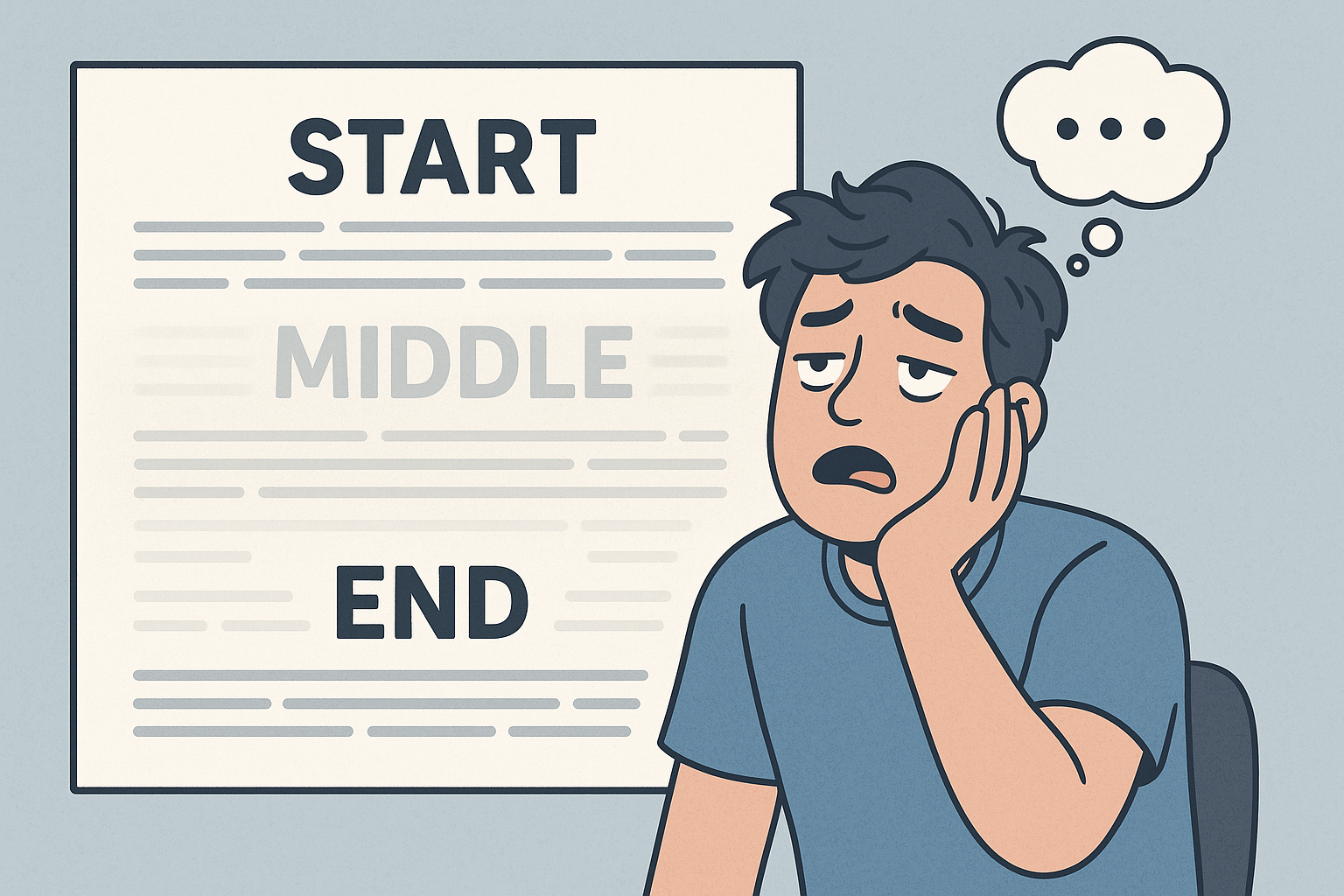 Illustration of a person zoning out while an article or presentation fades in the middle, highlighting focus on the start and end sections, representing the Primacy and Recency Effect concept visually.