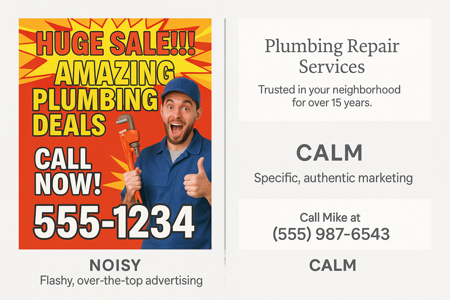 A comparison image showing noisy, flashy, over-the-top advertising on one side, contrasted with calm, specific, and authentic marketing messaging on the other, highlighting the power of specificity and trust in marketing.