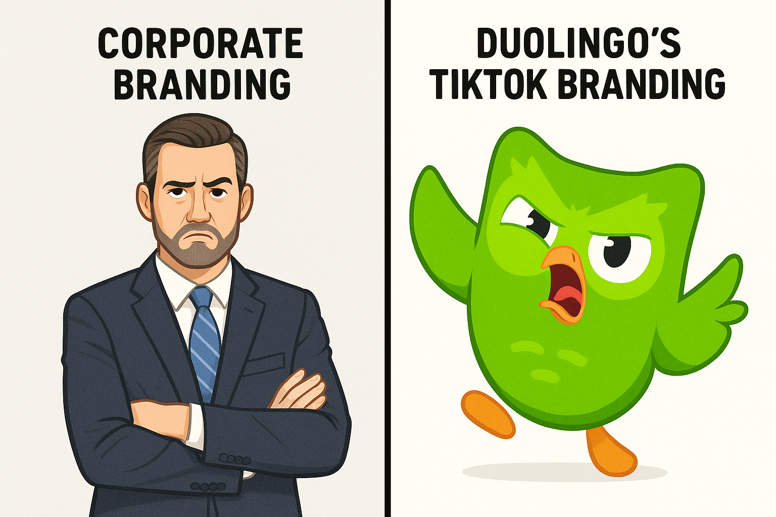 Contrast between traditional corporate branding and Duolingo's edgy, humorous branding strategy on TikTok, showcasing playful and unpredictable mascot