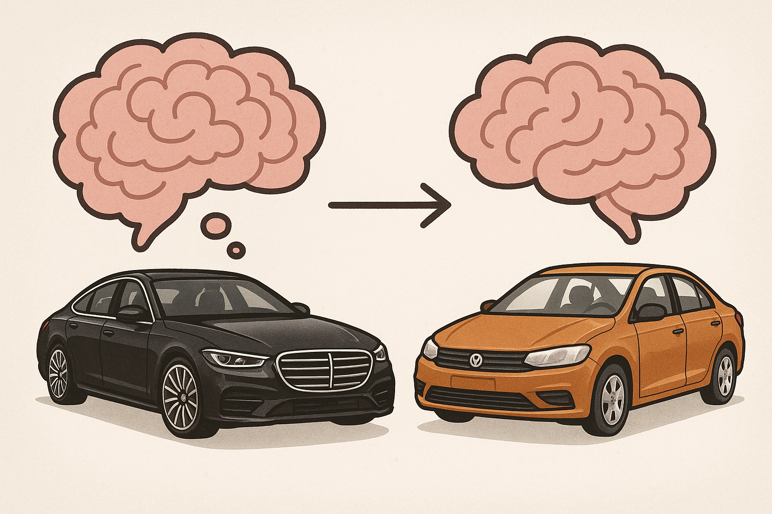 Visual depiction of the brain taking a shortcut by comparing items, showing a luxury car and a mid-range car to highlight relative judgment