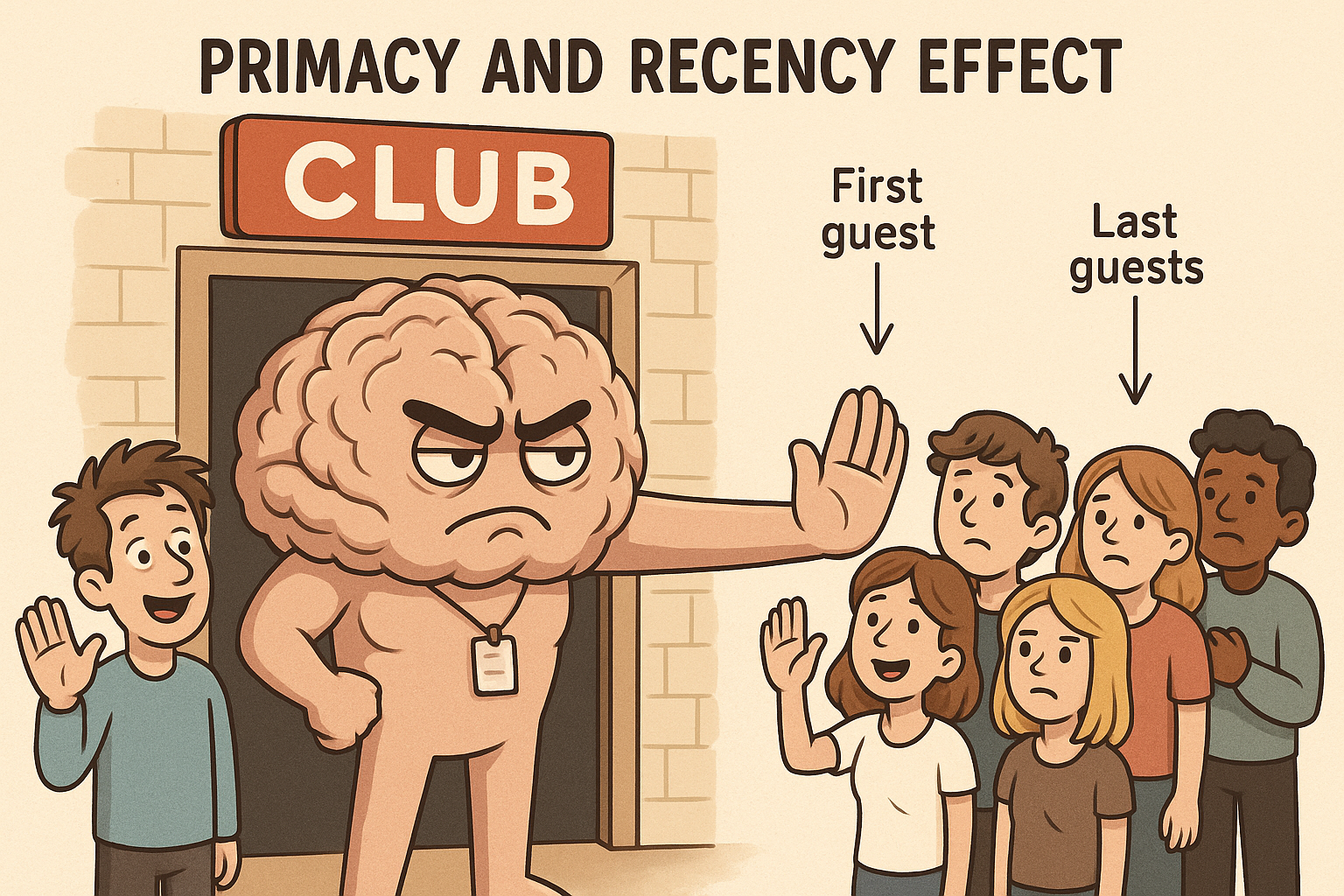 A creative metaphor showing the brain as a club bouncer letting in the first and last guests easily while ignoring the middle crowd, symbolizing the Primacy and Recency Effect and how memory selects information.