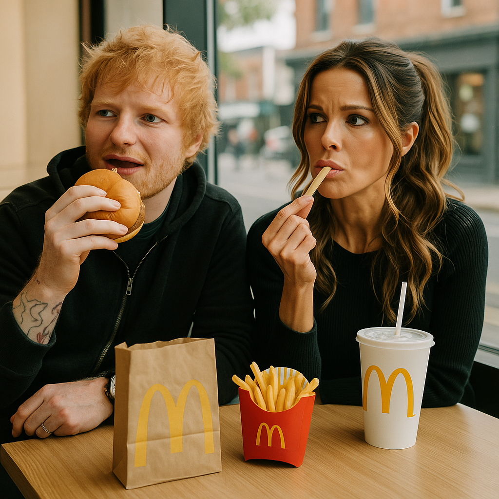 A behind-the-scenes style image highlighting authenticity in advertising, with celebrities casually enjoying McDonald's food without scripts or forced smiles, emphasizing genuine connection.