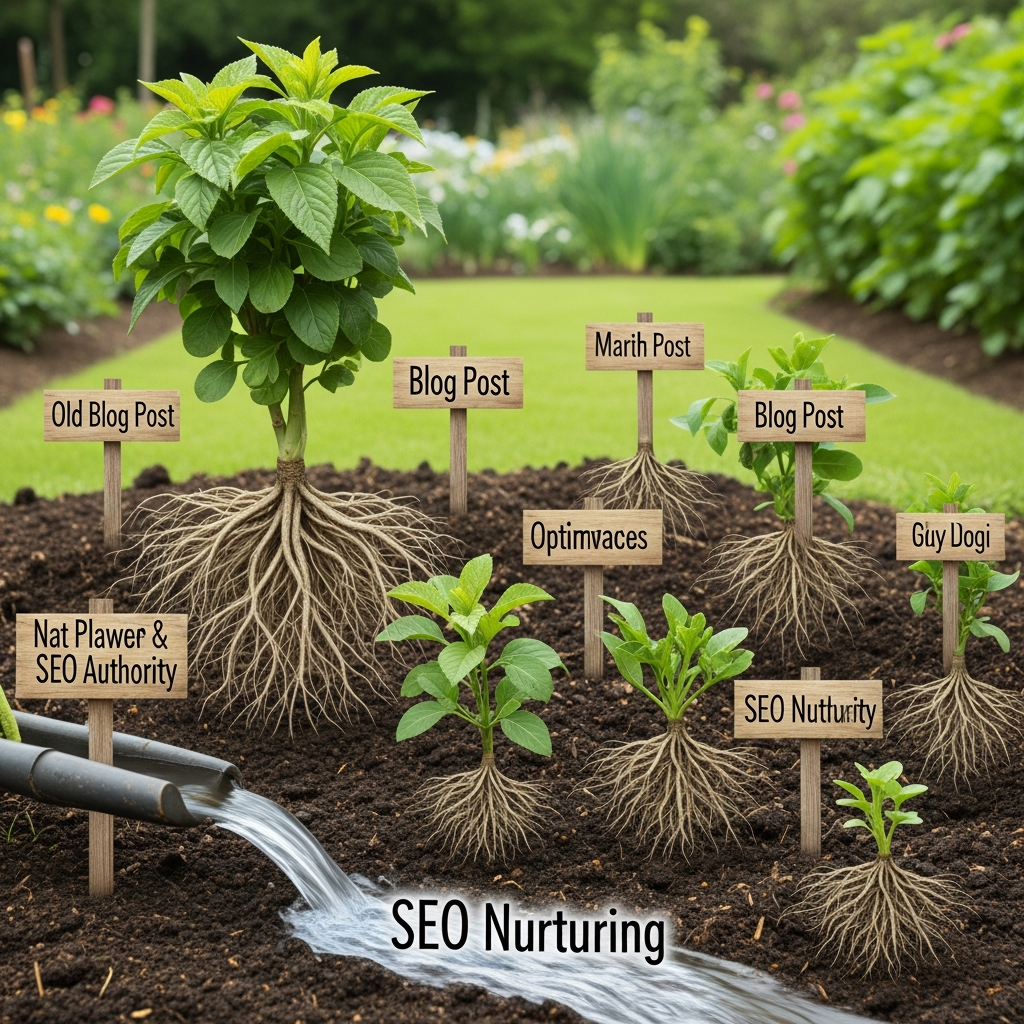Garden metaphor showing old blog posts as plants with roots, symbolizing nurturing existing content assets for SEO growth