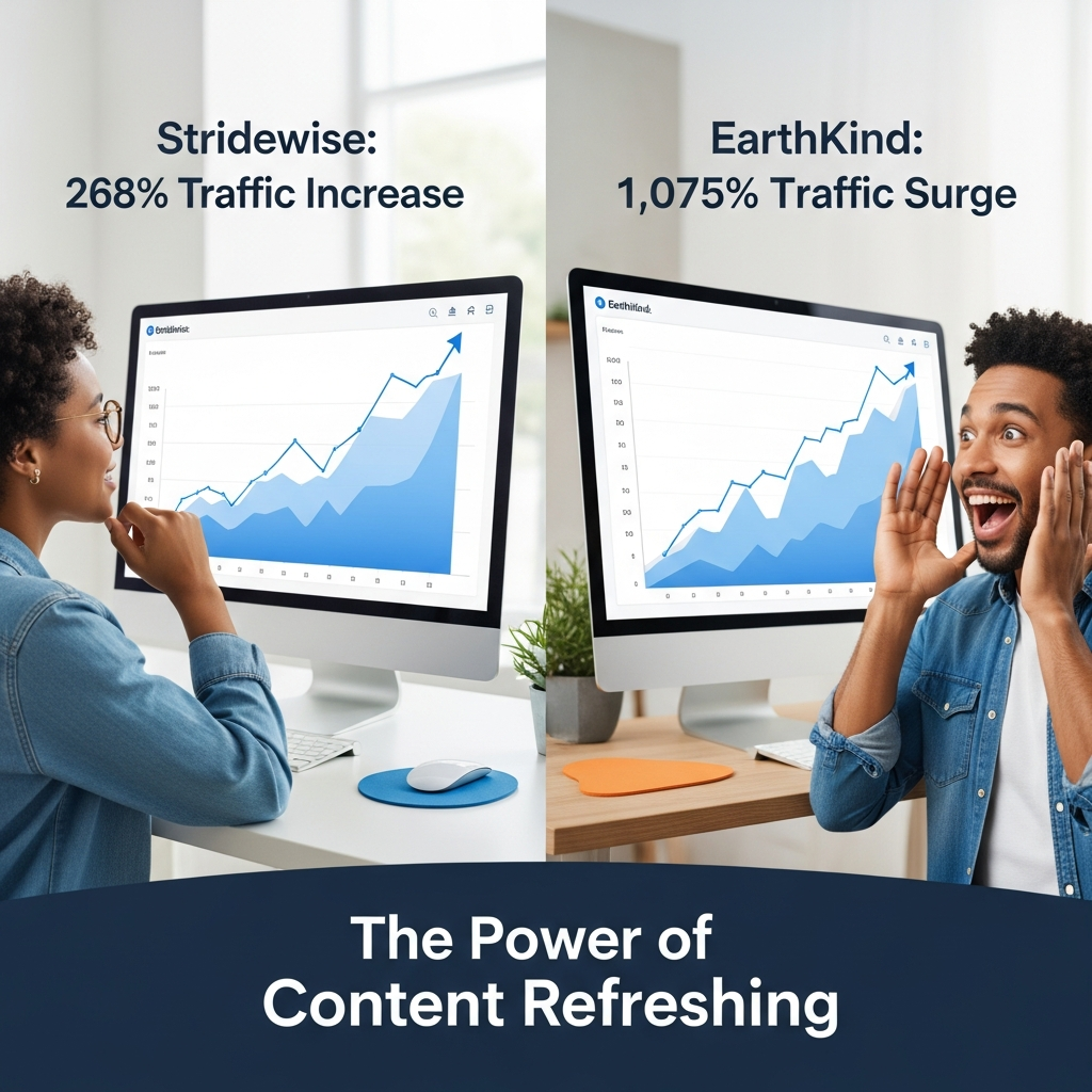 Split-screen graphic showing Stridewise’s 268% traffic increase and EarthKind’s 1,075% surge, demonstrating content refreshing success