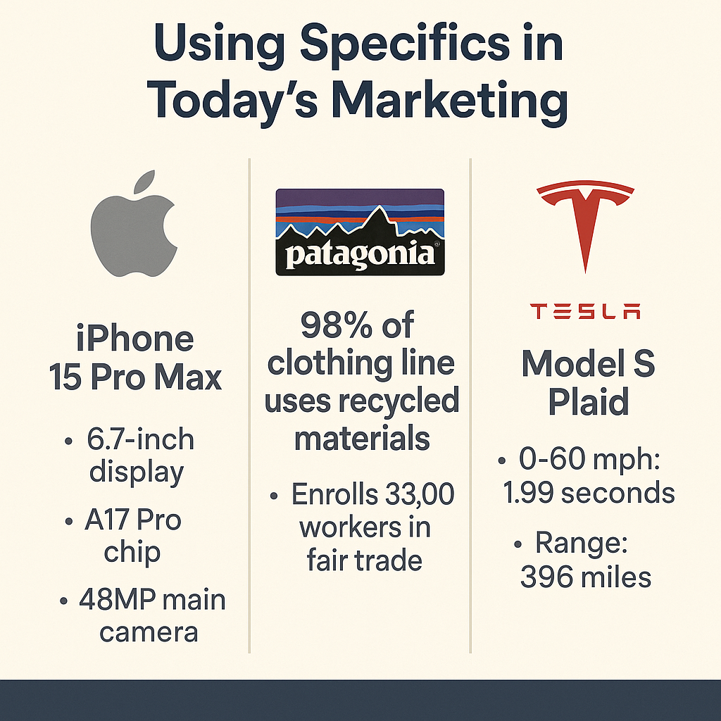 An infographic style image showing three modern successful brands (Apple, Patagonia, Tesla) with data-driven proof points like product specs, sustainability stats, and performance metrics.