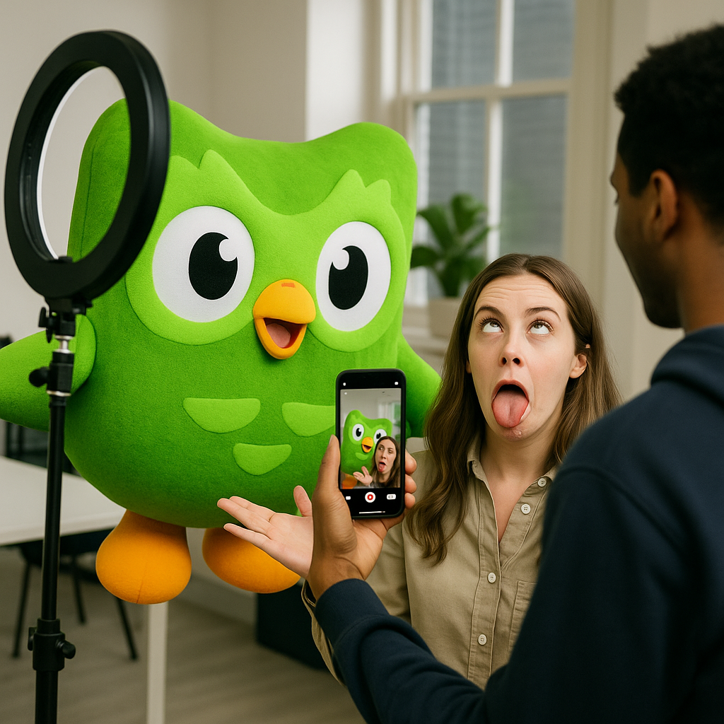 Duolingo's team creating viral TikTok content with smart, low-budget videos featuring the green owl mascot engaging directly with TikTok culture