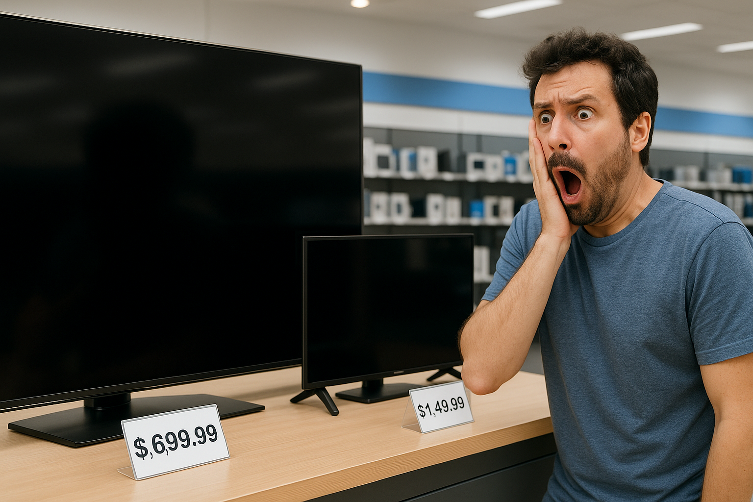 Scene inside an electronics store displaying a very expensive TV next to a moderately priced TV to show the premium product first strategy