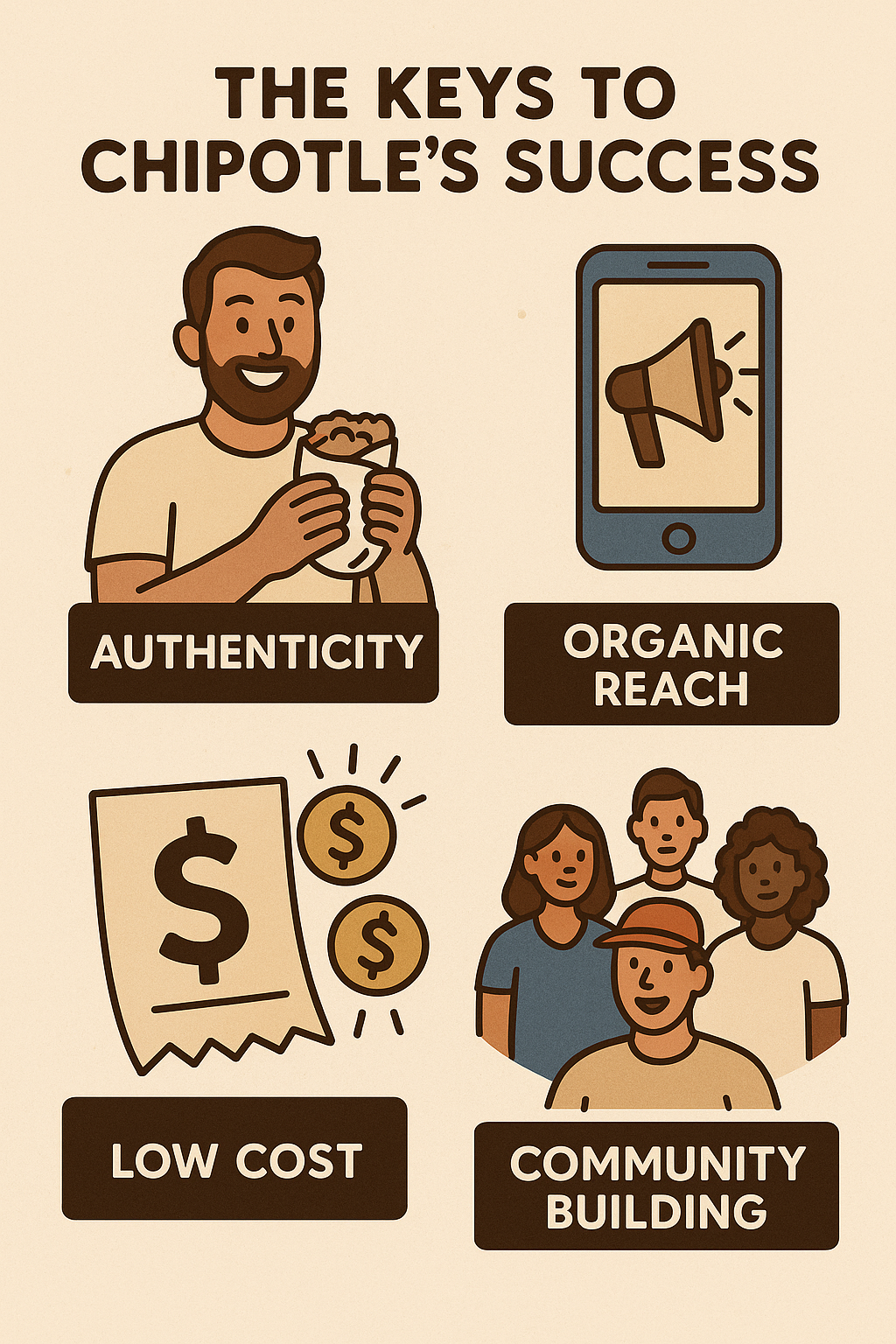 Graphical illustration highlighting the viral marketing elements: authenticity, organic reach, low cost, and community building as the keys to Chipotle's success