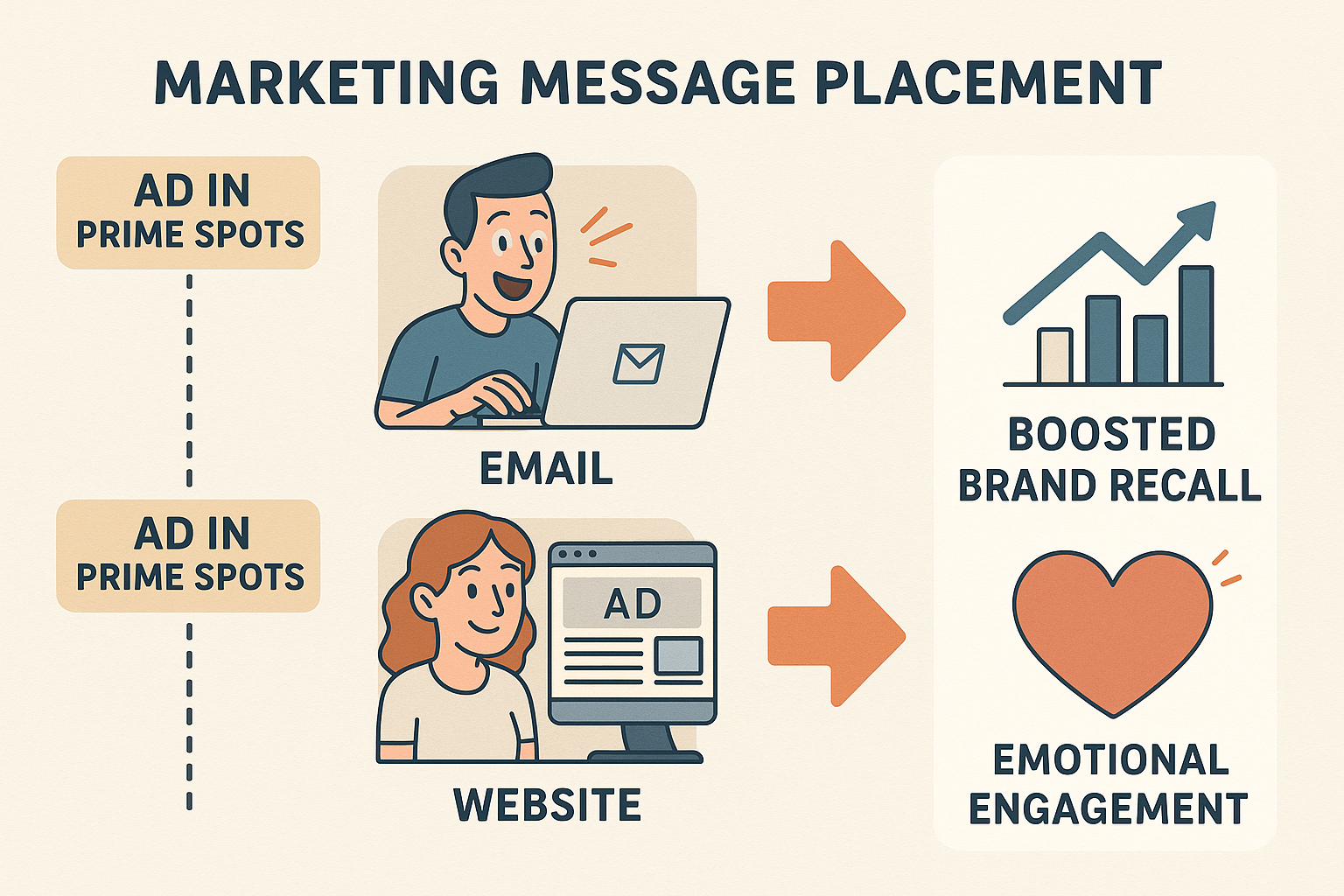 Infographic-style image depicting marketing message placement with visuals like ads in prime spots (beginning and end), emails, and websites; showing boosted brand recall and emotional engagement.