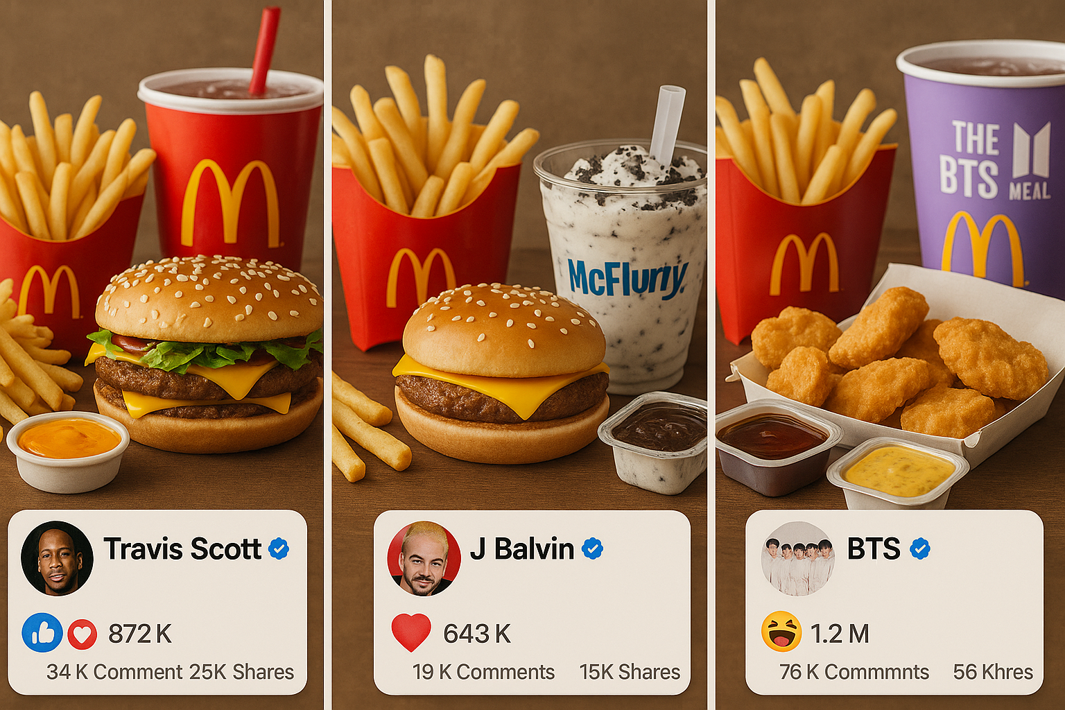 Close-up montage of iconic meals from Travis Scott, J Balvin, and BTS with their distinctive combos, alongside social media reactions to show viral impact.