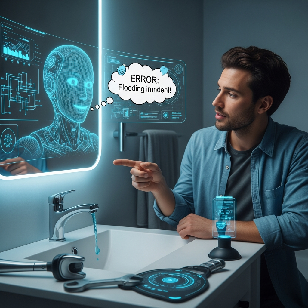 A futuristic depiction of AI automation showing a human interacting with a smart AI assistant, representing the new era of AI with brainiac bots and human-AI collaboration.