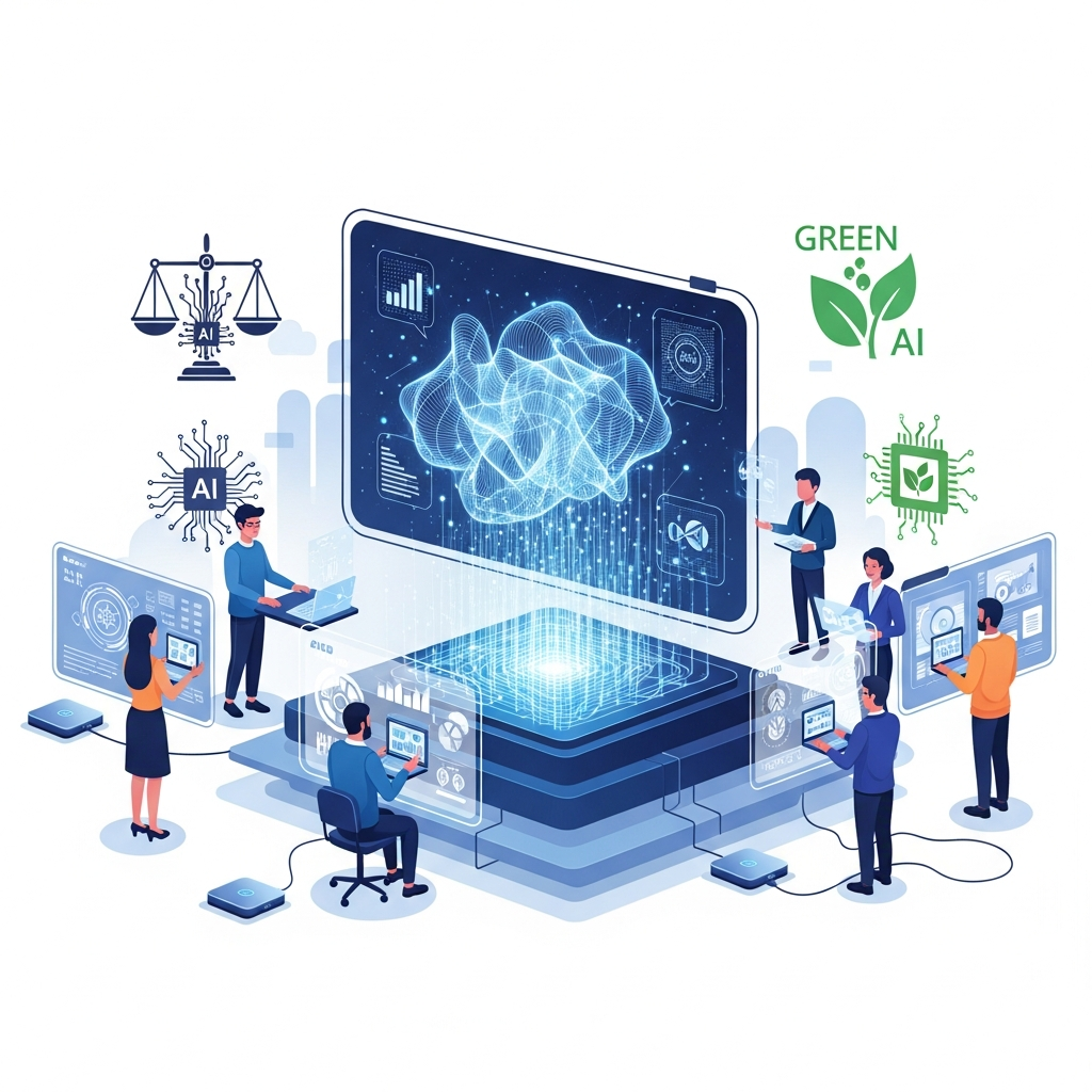 A forward-looking image featuring futuristic AI technologies such as generative AI creating art, AI-human teamwork, AI running on edge devices, and symbols for AI regulation and green AI initiatives.