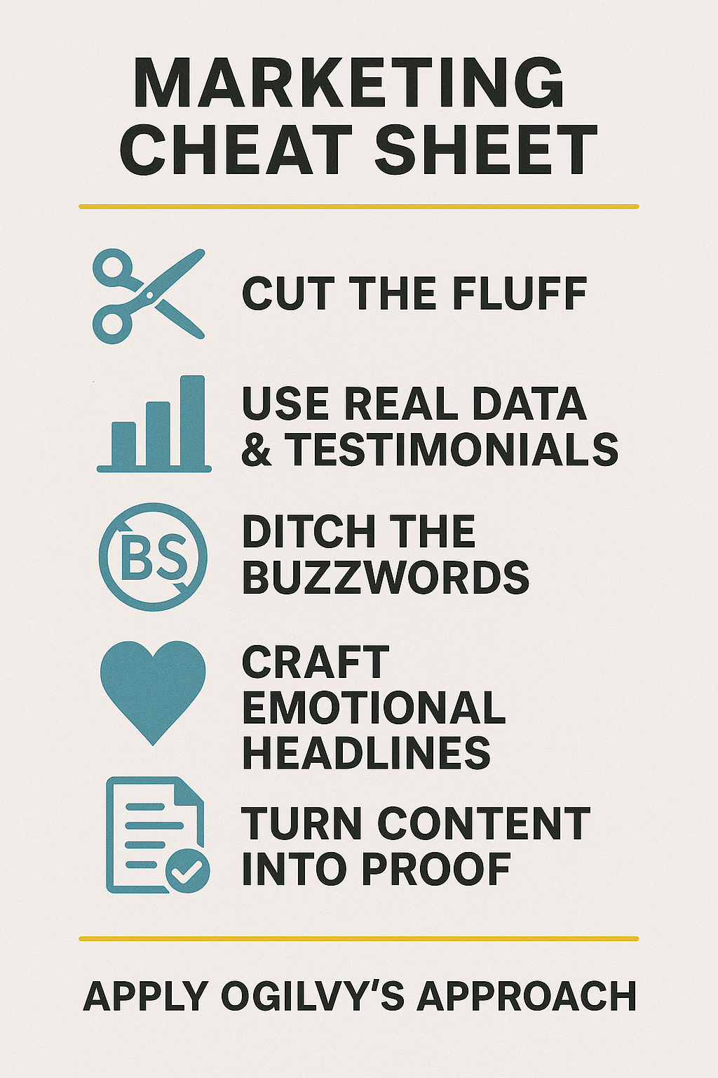 A creative visual of a marketing checklist highlighting key principles: cutting the fluff, using real data and testimonials, ditching buzzwords, crafting emotional headlines, and turning content into proof.