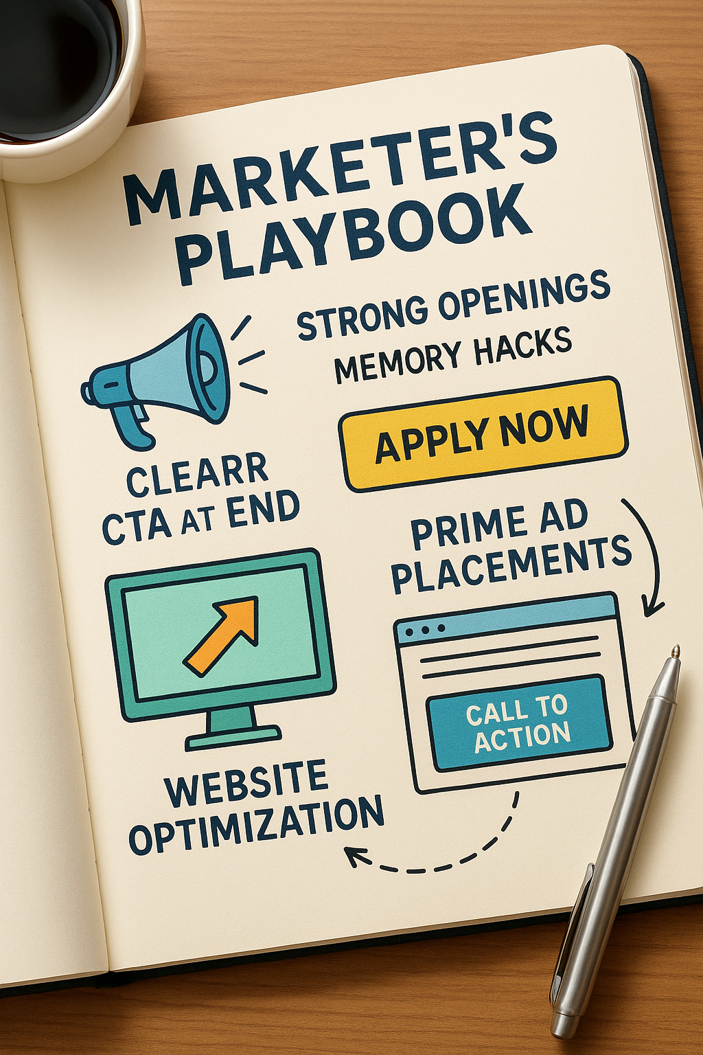 A marketer’s playbook scene showing strategies such as strong openings, clear CTAs at the end, prime ad placements, and website optimization with a CTA footer, encouraging practical application of memory hacks.