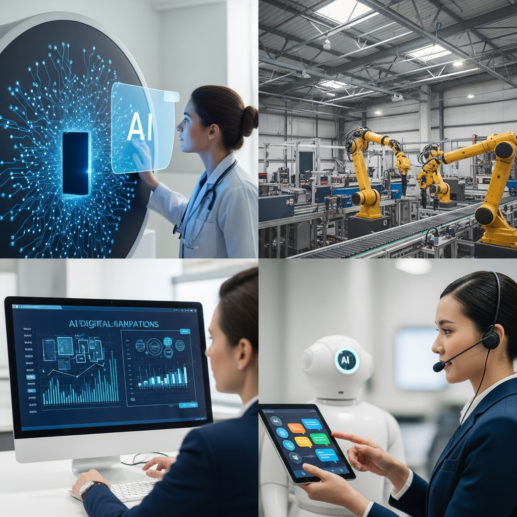 A collage showing AI applications in different industries: healthcare with AI-assisted medical imaging, manufacturing with robotic arms on assembly lines, finance with digital analytics, and customer service with AI chatbots.