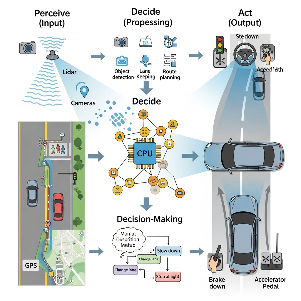 Illustrative diagram of AI agent's three-step process: Perceive, Decide, Act with self-driving car example