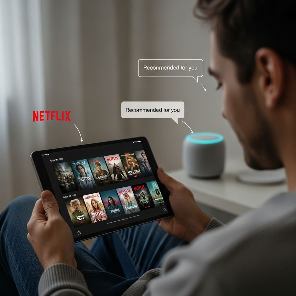 A person binge-watching Netflix with an AI interface predicting user preferences