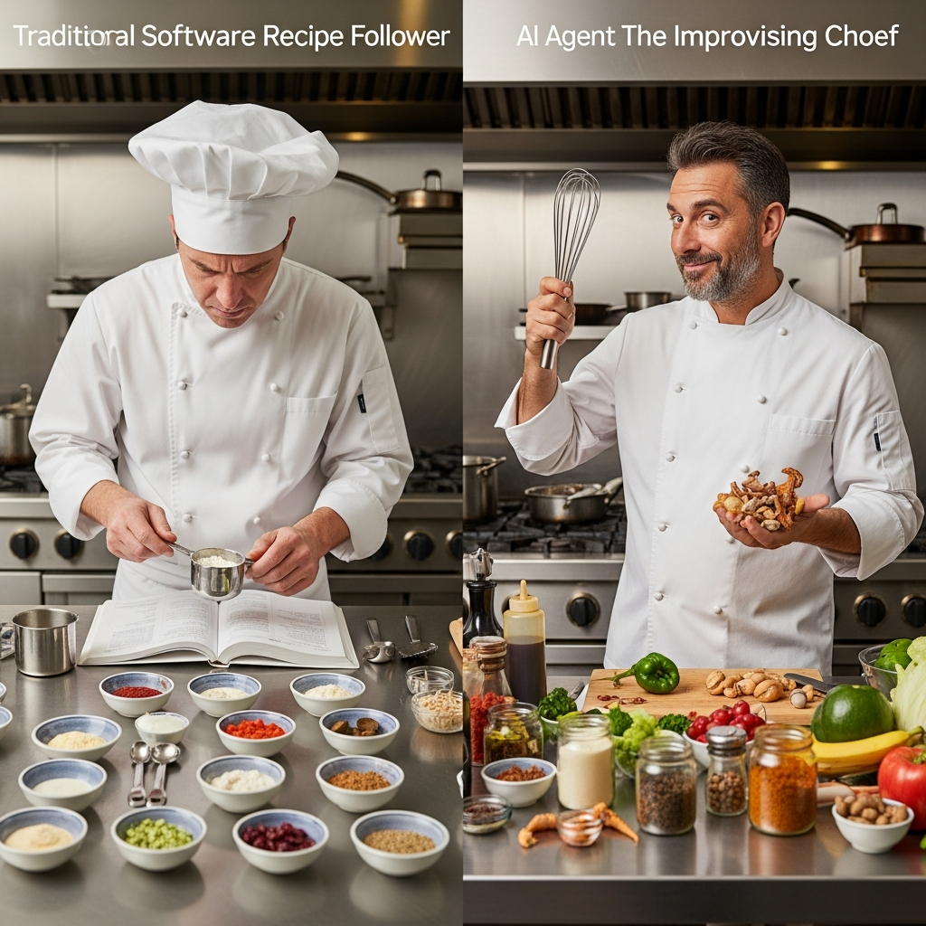 Comparison image: traditional software as strict recipe vs AI agent as improvising chef