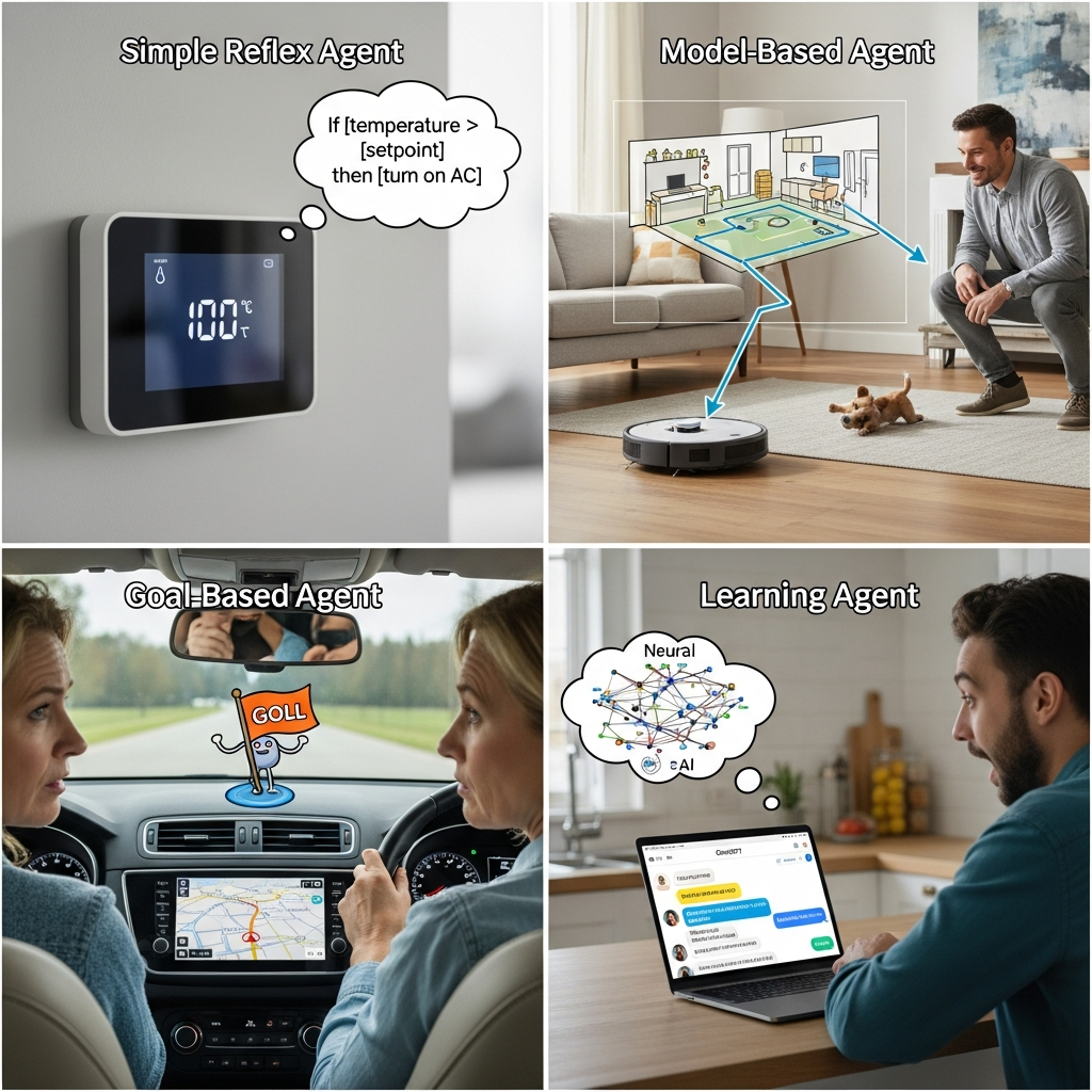 Collage of different types of AI agents: thermostat, robot vacuum, GPS navigation, ChatGPT