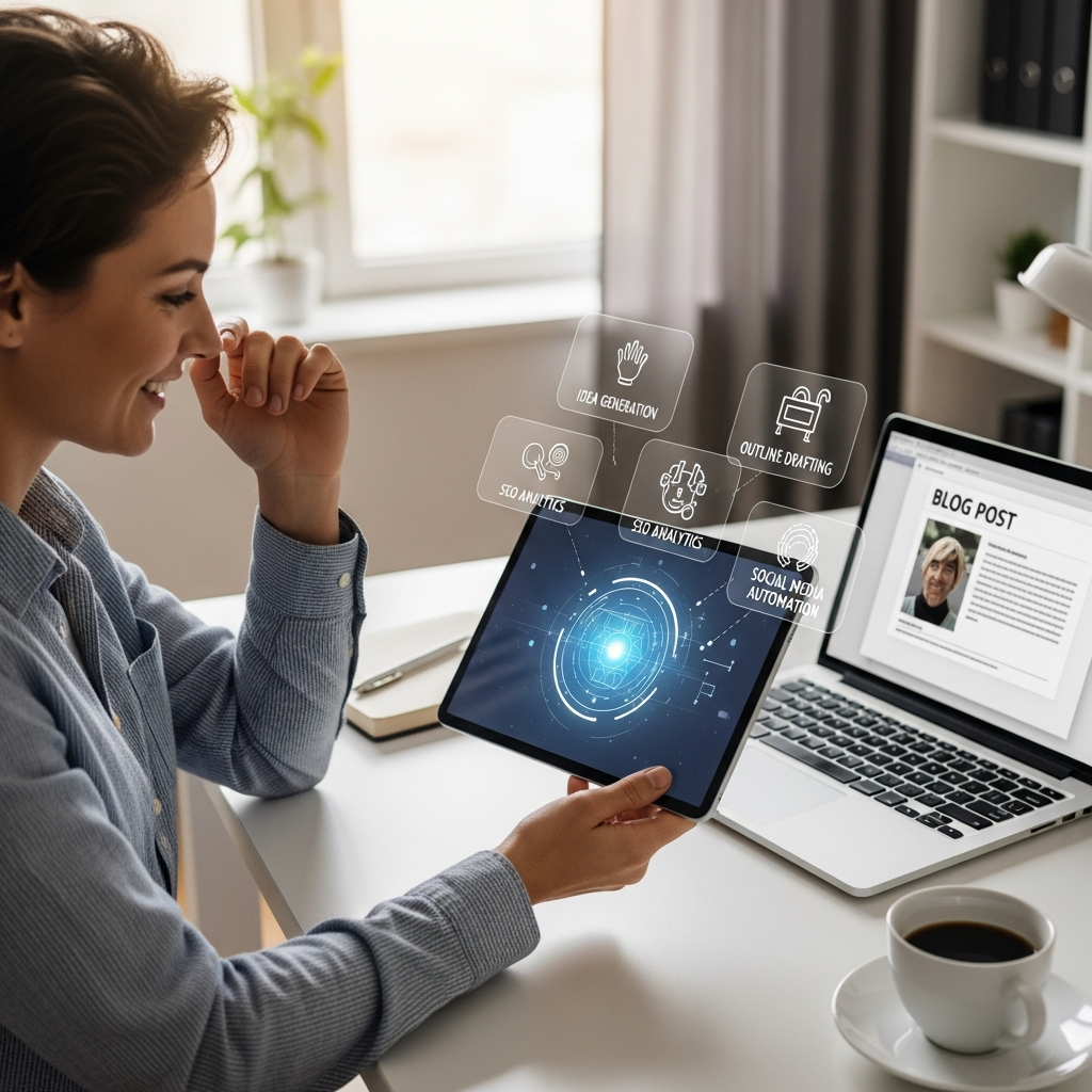 A collaborative scene where AI acts as an intern helping a human blogger - AI tools generating ideas, drafting outlines, handling SEO analytics, and automating social media while the blogger adds personality and engages with their audience.