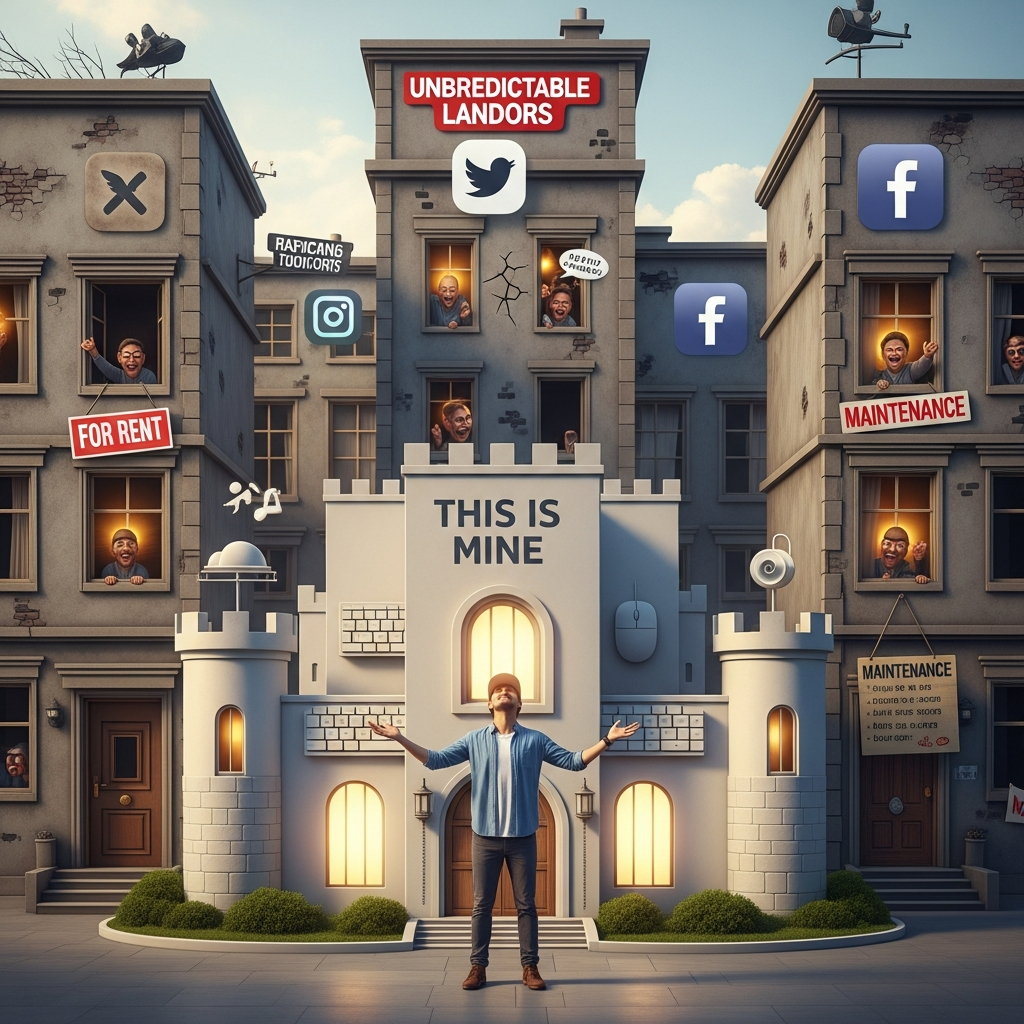 A digital kingdom metaphor - a blogger in control of their own website represented as a castle or home, contrasted with unstable social media platforms symbolized as rented apartments with unpredictable landlords, emphasizing ownership and control.