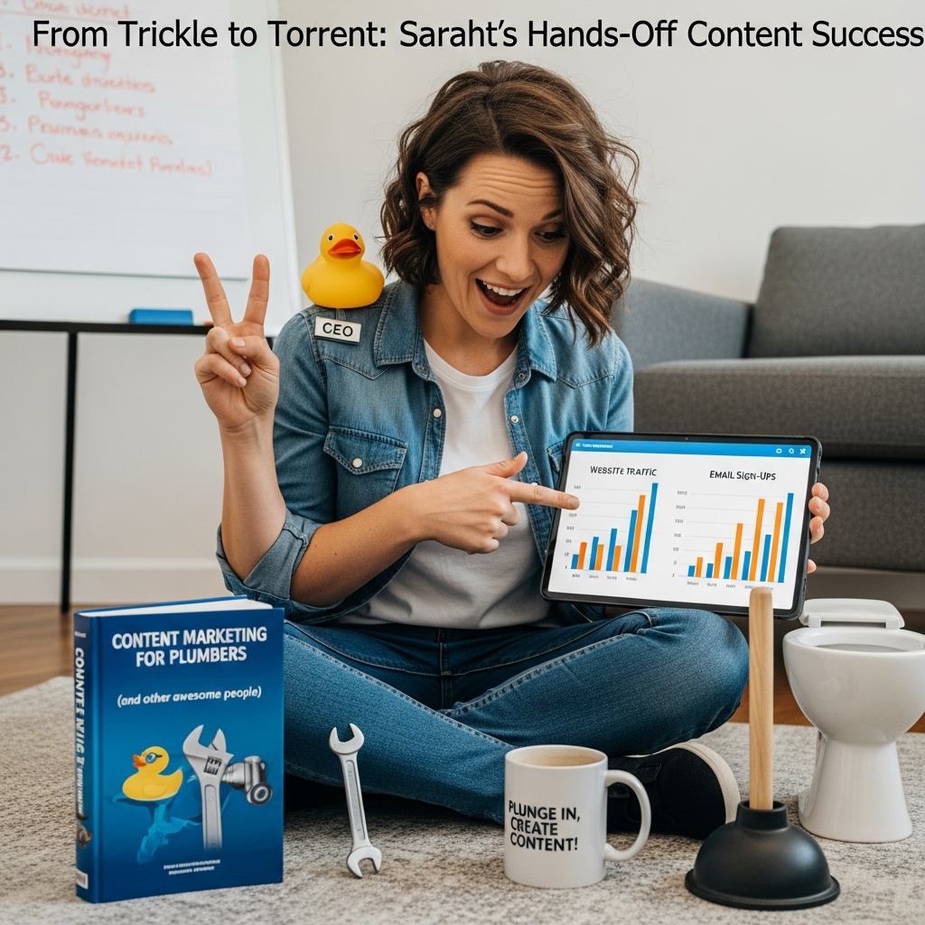 A success story visualization featuring a solo founder named Sarah celebrating the growth of her website traffic and email sign-ups after using hands-off content strategies, with charts indicating traffic and engagement growth.