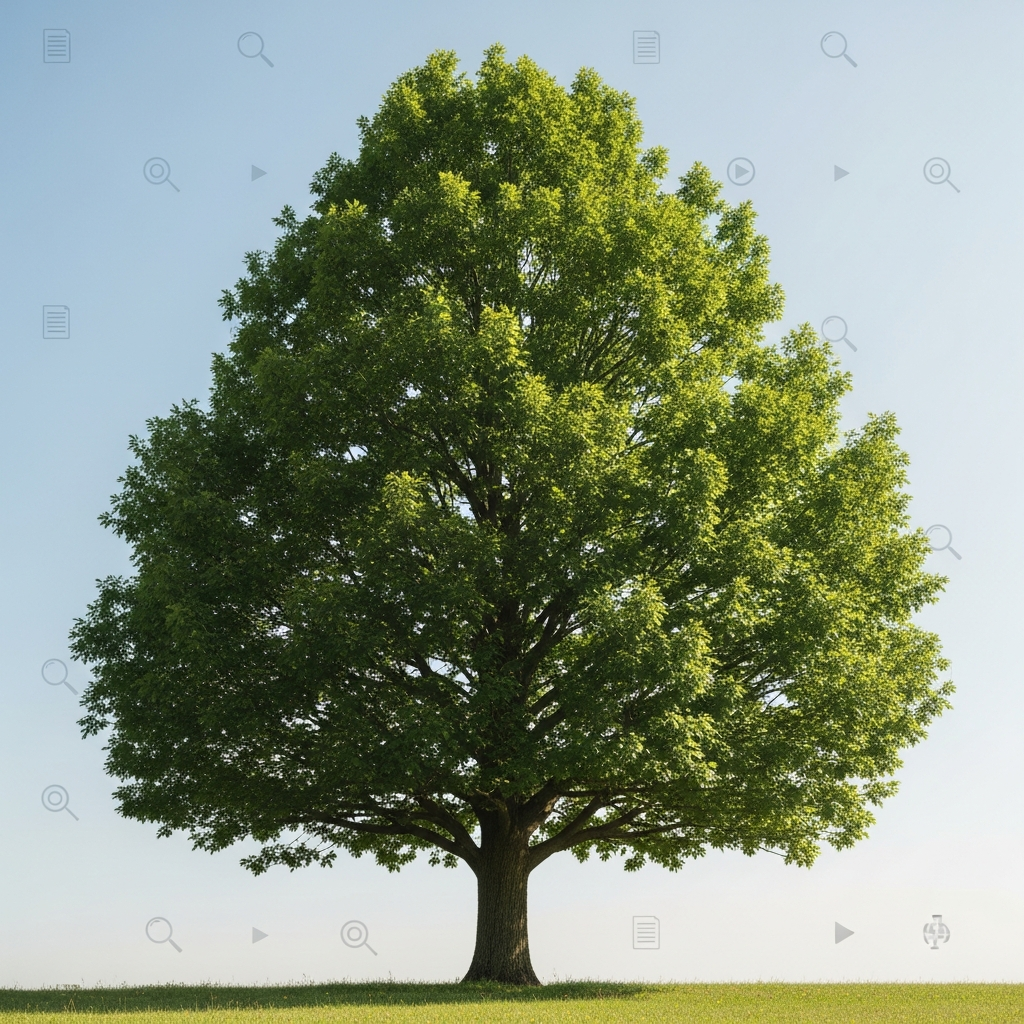 Illustration of a strong, growing evergreen oak tree representing 'hands-off content' that continues to attract traffic over a long period, with a subtle background of digital content icons.