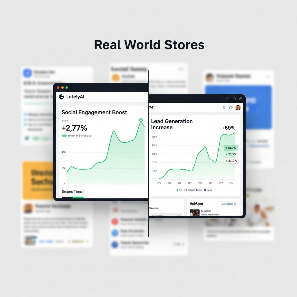 Collage showing real-world examples including brands like LatelyAI and HubSpot with charts demonstrating social engagement boosts and lead generation increases