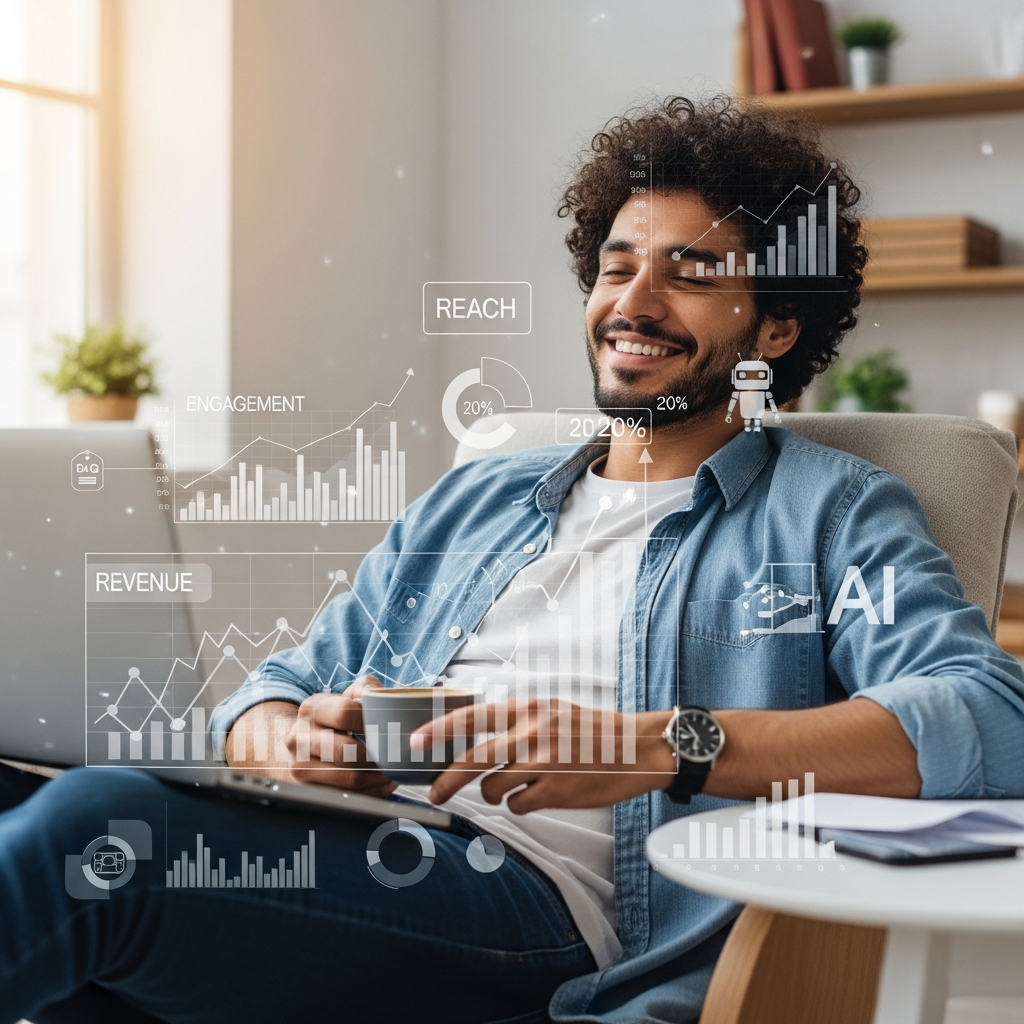Happy marketer enjoying free time while AI automates distribution, with visualizations of increased engagement and revenue metrics