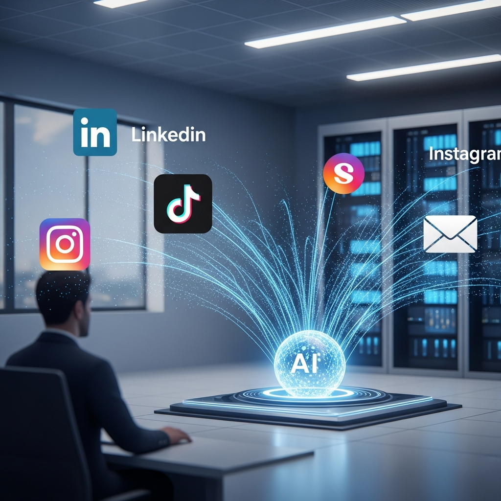 AI content distribution engine concept showing a central AI system distributing customized content to multiple social media platforms