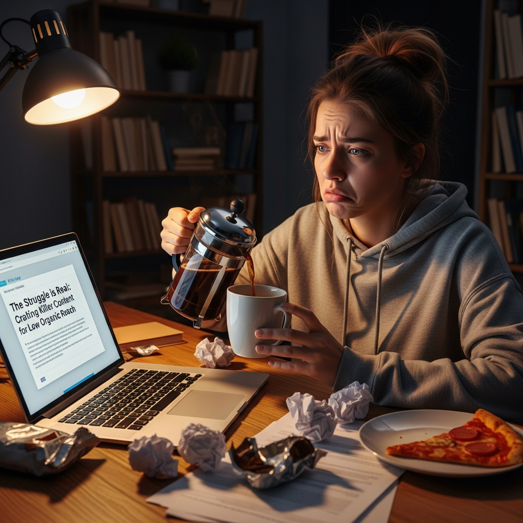 Frustrated content creator pouring coffee and working late on a blog post