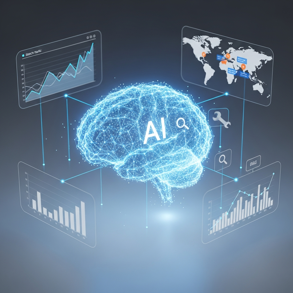 An illustration of a smart AI brain with interconnected feedback loops analyzing website data, user behavior, and search engine trends to auto-optimize SEO in real-time.