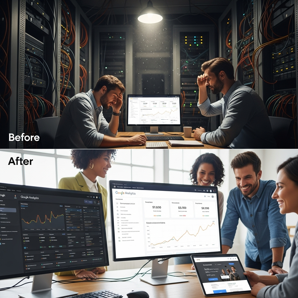 Visual success story showing transformation before and after AI SEO implementation: a content platform with rising rankings and an e-commerce site with faster loading times and increased conversions.