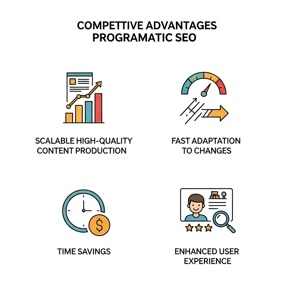 Graphic showing competitive advantages of Programmatic SEO: scalable content, fast adaptation, time savings, and improved user experience