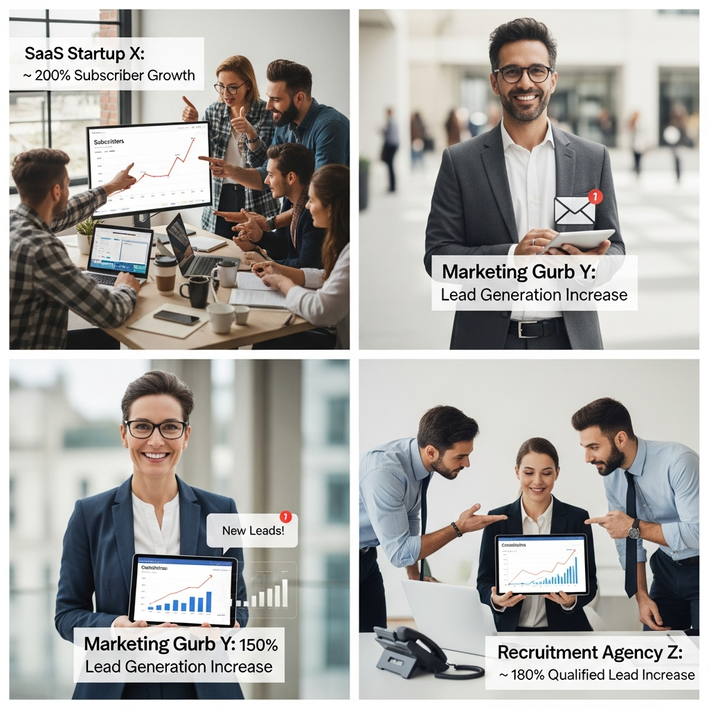 Collage of success stories including SaaS startup, marketing leader, recruitment agency growth