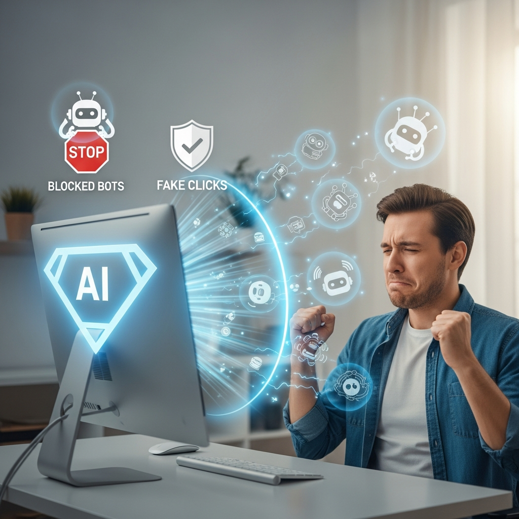 A superhero-themed AI fraud-fighting system protecting an affiliate marketer from fraudulent traffic and fake clicks, with symbols of bots being blocked and compliance shields.