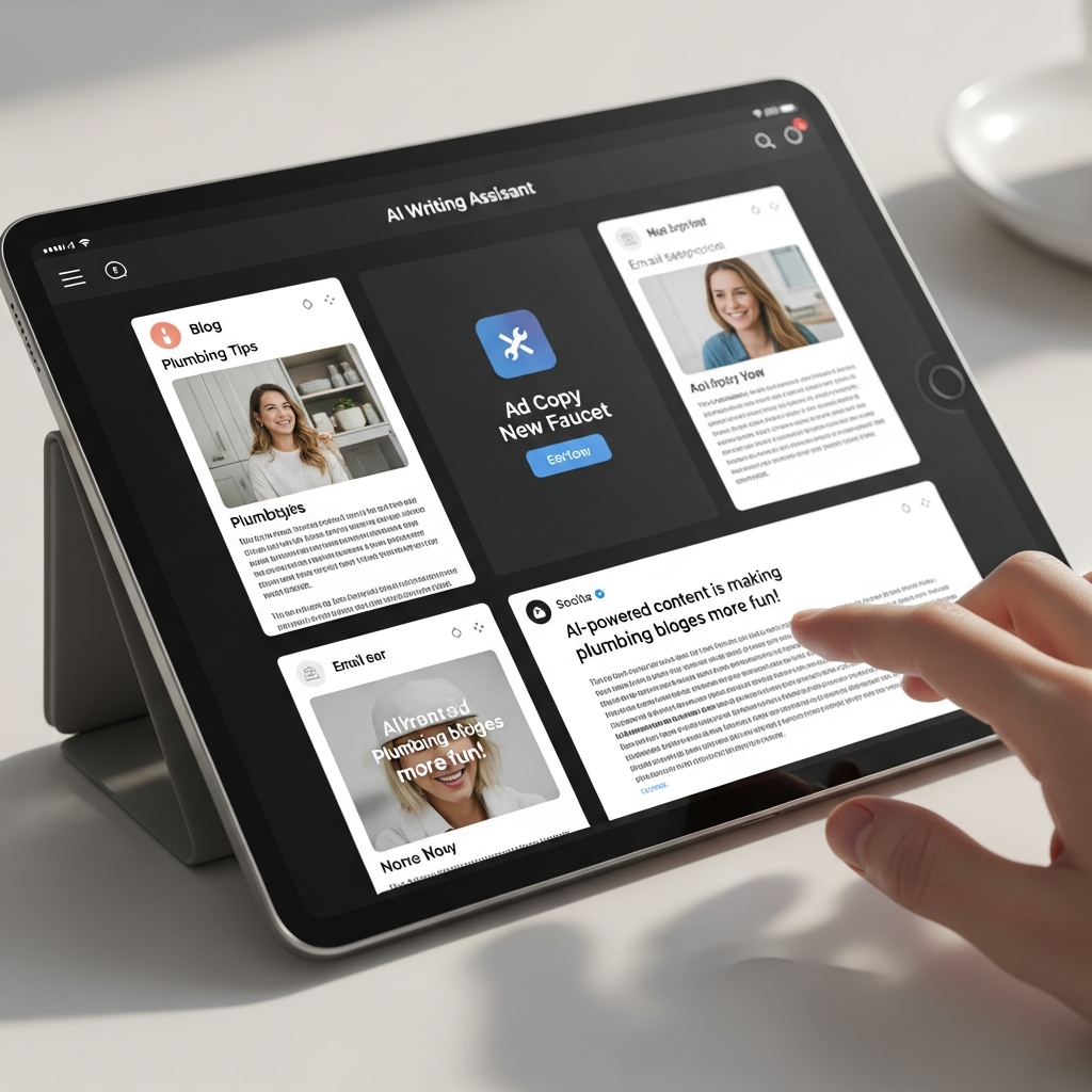 AI-generated content creation in action, showing a seamless digital writing assistant producing blog posts, ad copy, email sequences, and social media posts tailored to different audience segments.