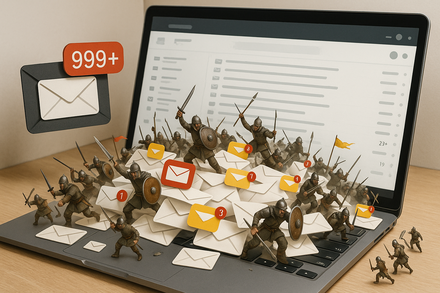An overwhelmed email inbox depicted as a chaotic battlefield, with emails represented as small soldiers or warriors fighting for attention, symbolizing the daily struggle of marketers to capture open rates