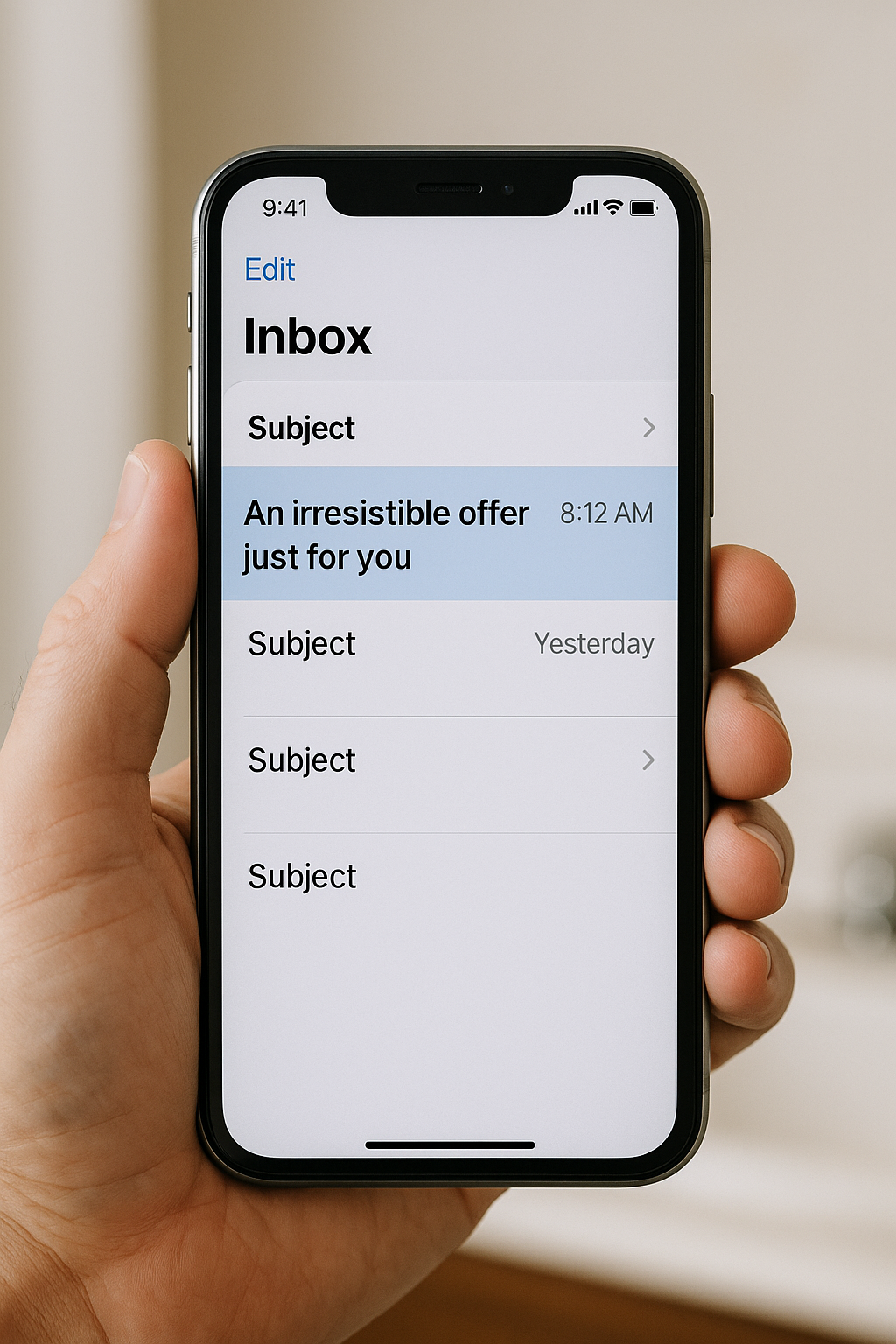 A clear, mobile phone screen showing an email inbox with a highlighted subject line limited to 7 words and 30 characters, illustrating the 7-30-10 Email Formula and its emphasis on concise, effective email subject lines