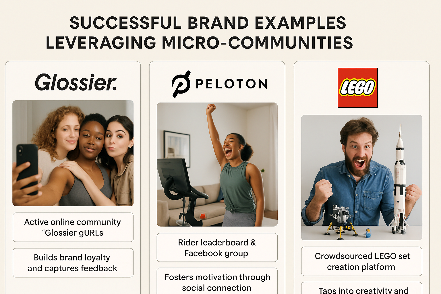 Collage or infographic featuring successful brand examples like Glossier, Peloton, and LEGO Ideas showcasing unique community engagement strategies