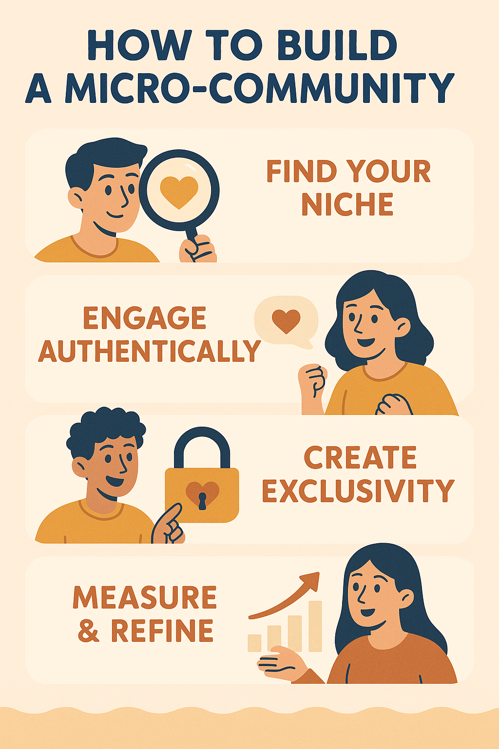 Step-by-step guide style image illustrating how to build a micro-community with niche, engagement, exclusivity, and measurement