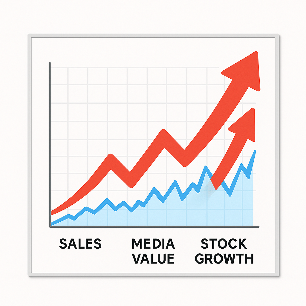 Impact Visualization Showing Surge in Sales, Media Value, and Stock Growth Following Campaign